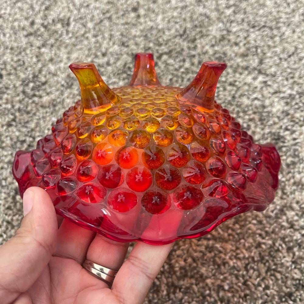 Fenton Vintage Ruby Red Amberina 3-Toed Hobnail Patterned Candy Dish - Picture 3 of 5